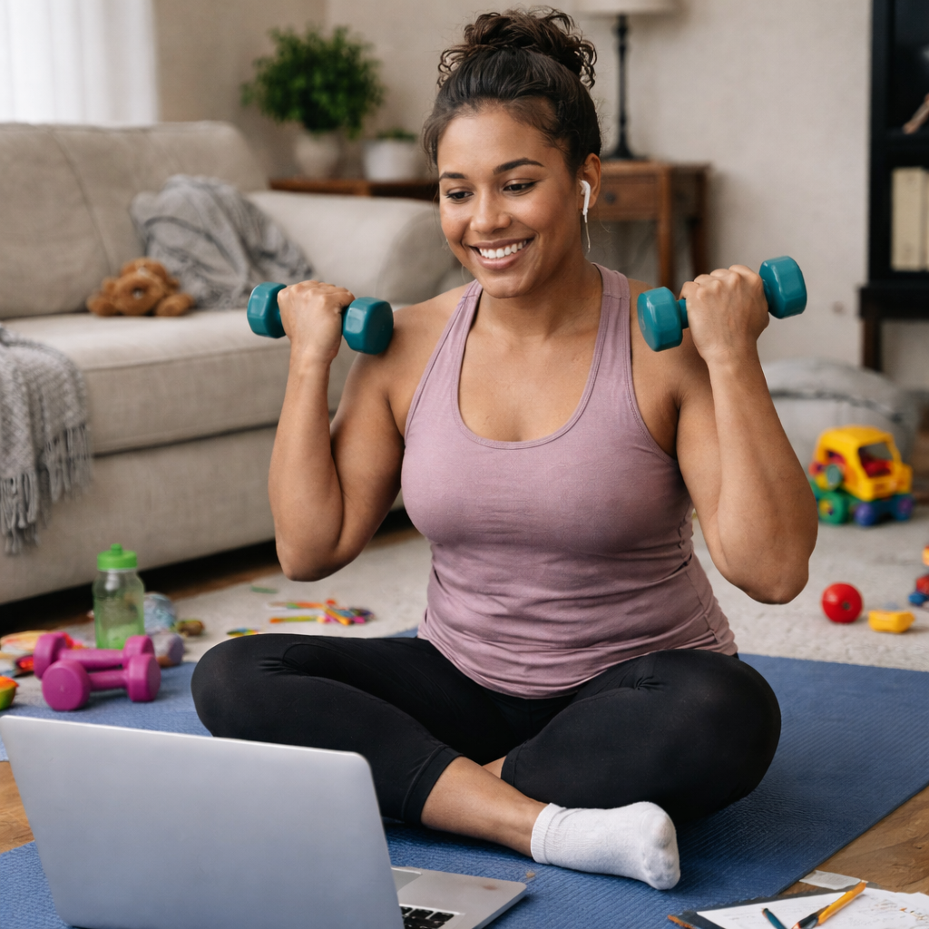 woman of colour exercising in front of laptop